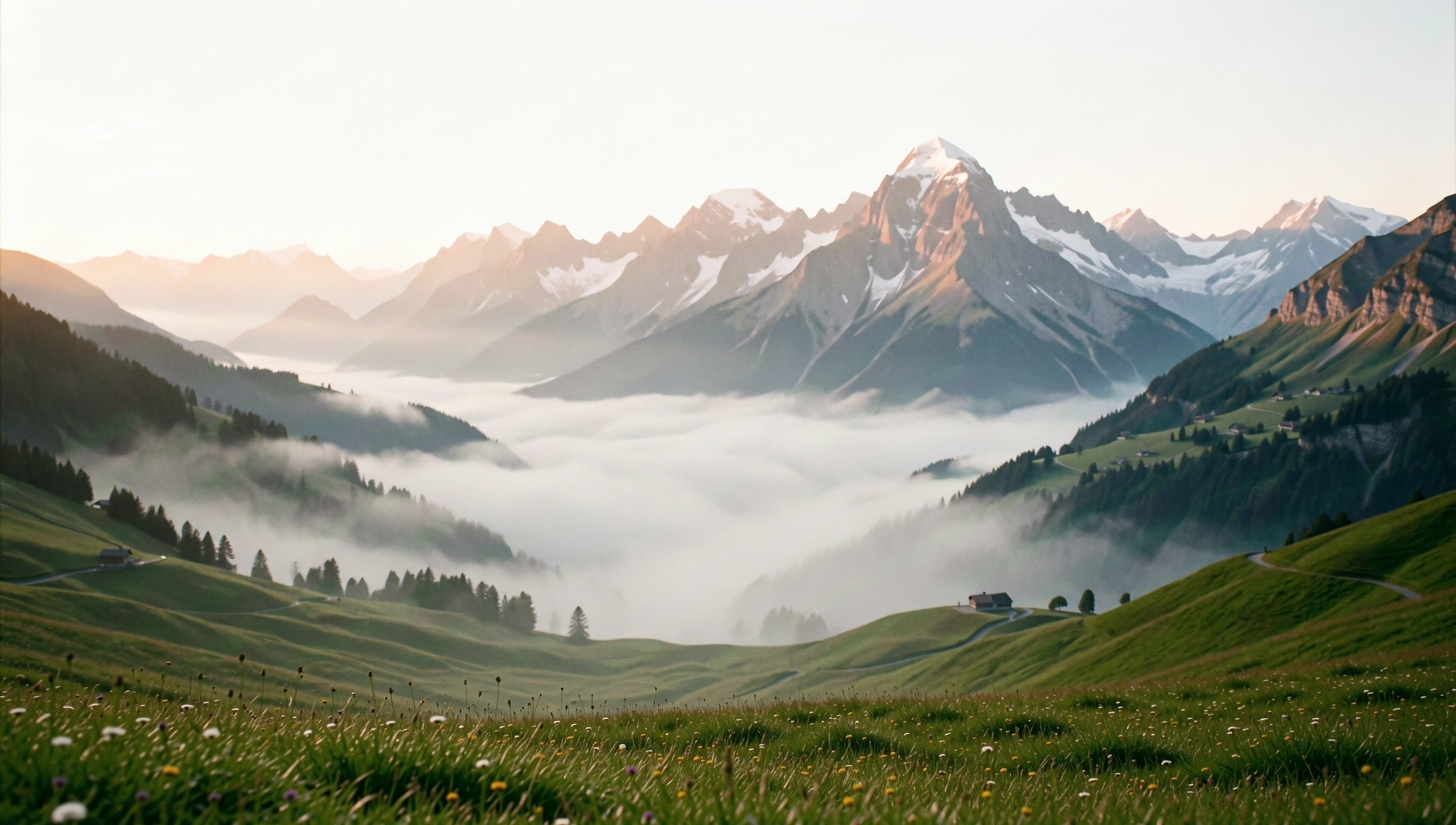 Schweizer Alpendorf im Nebel